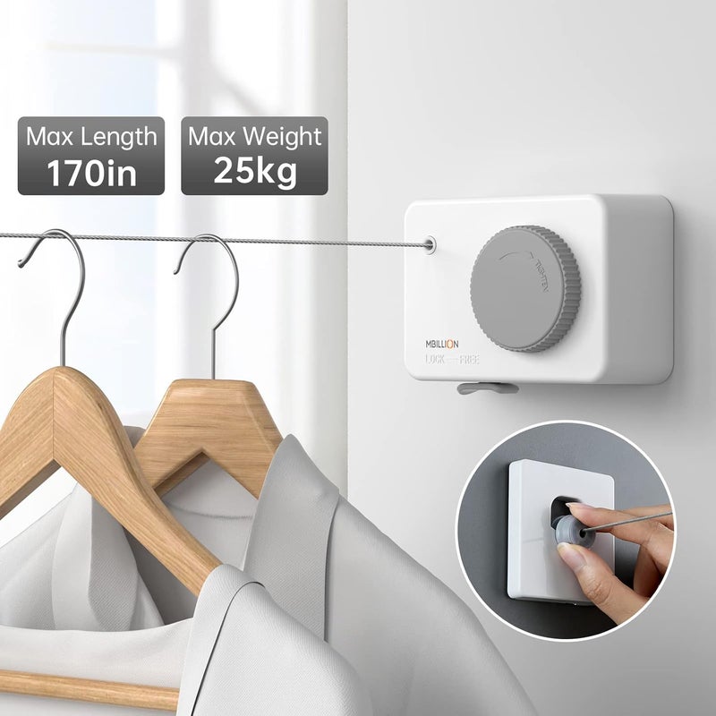Mbillion Retractable Clothesline 13.8Ft Heavy Duty Clothes Drying Laundry Line for Indoor Outdoor Retracting Hanging Clothing Drying with Retract Rotating Knob to Prevent Sagging - Image 2